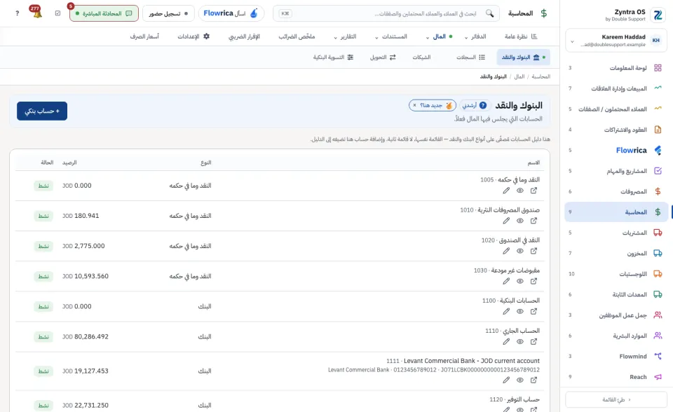 البنوك والنقد: حسابات البنك والنقد مع أرصدتها