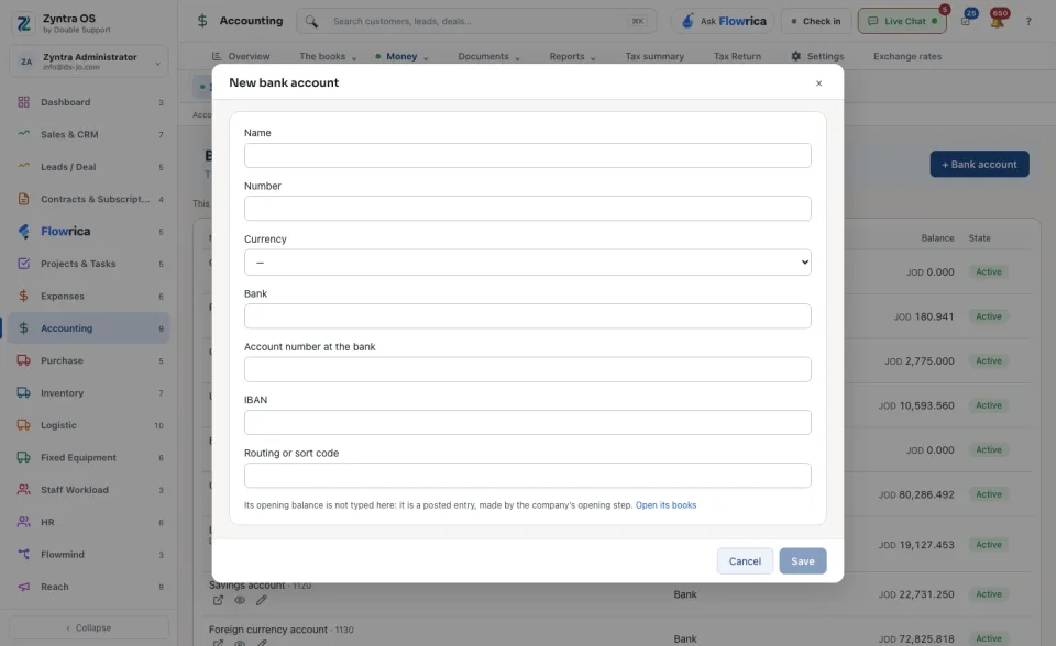 The New bank account form