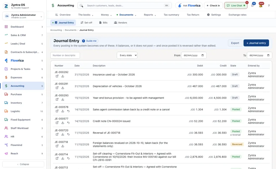 The journal: every entry with its debit, credit and state