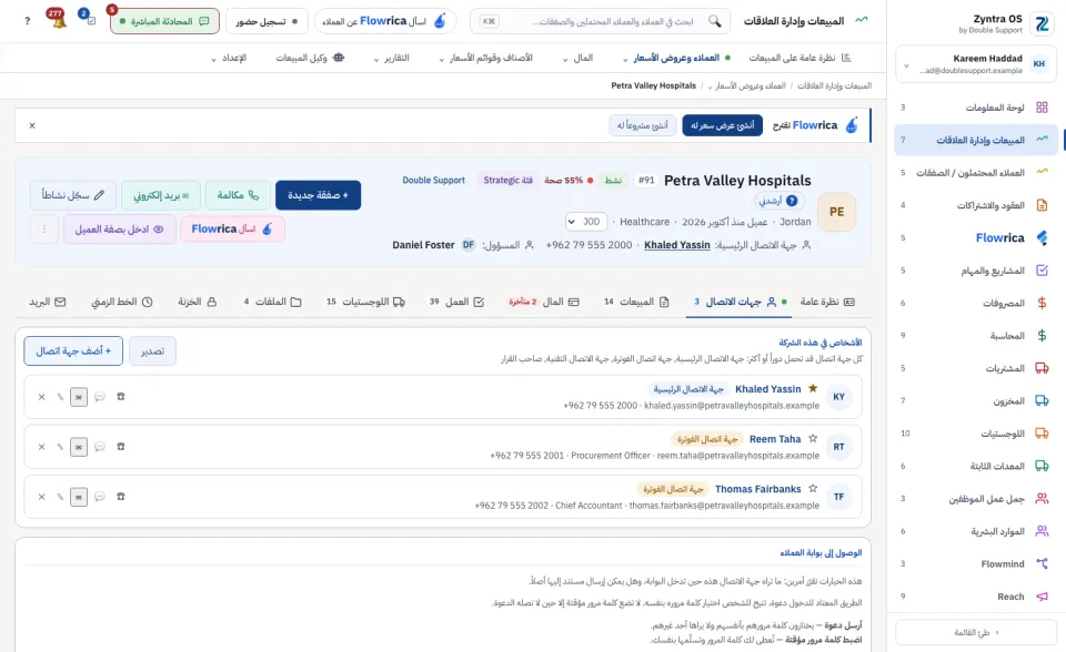 تبويب جهات الاتصال: كل شخص مع أدواره، وتحتهم الدخول إلى بوابة العملاء