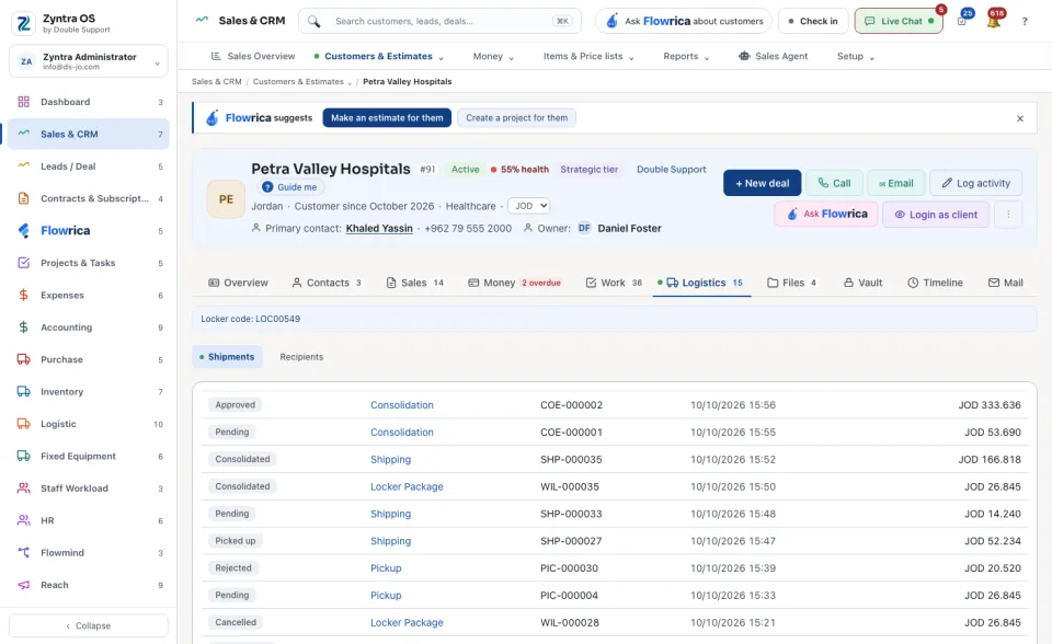 Logistics tab: Shipments