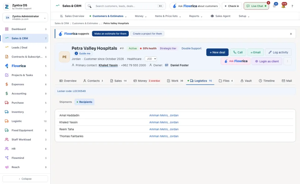 Logistics tab: Recipients
