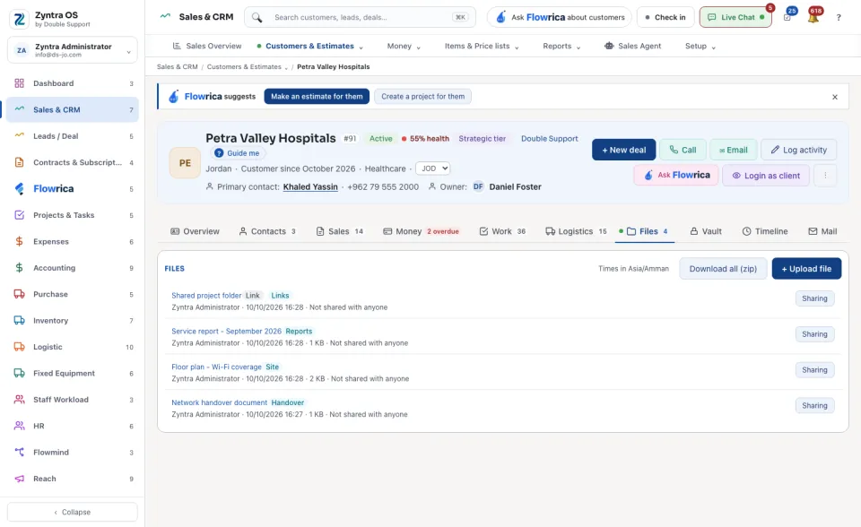 A customer's page, Files tab