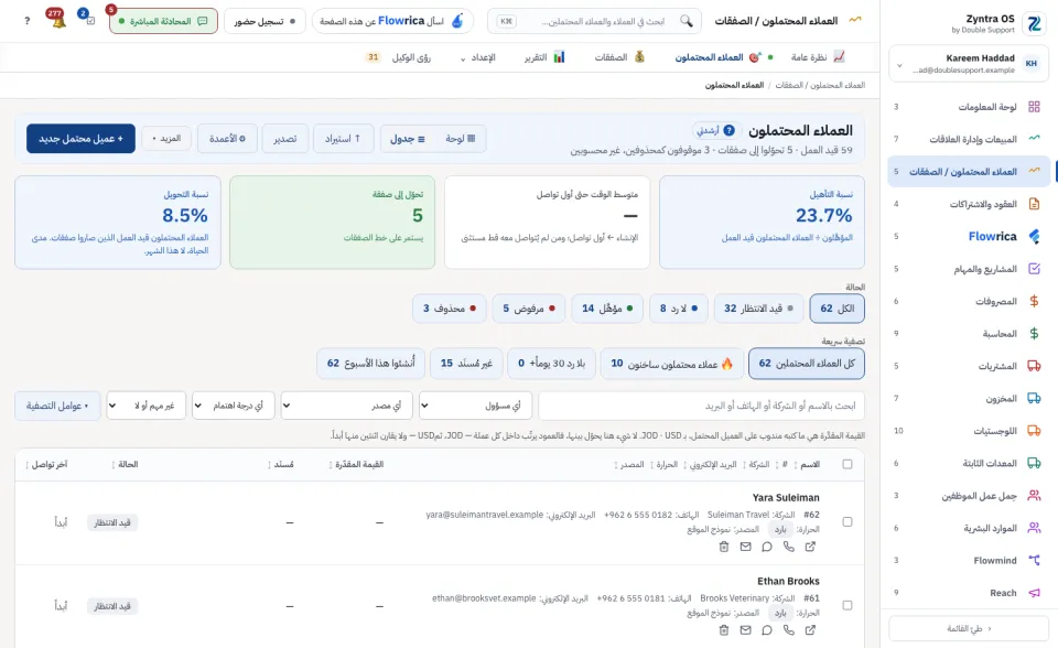 قائمة العملاء المحتملين: أربعة أرقام وأزرار الحالة والفلاتر السريعة والجدول