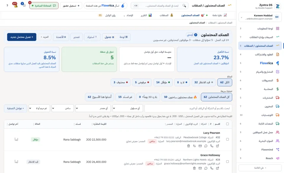 القائمة وهي تعرض العملاء المحتملين الساخنين فقط