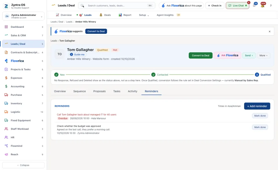 A lead's page, Reminders tab