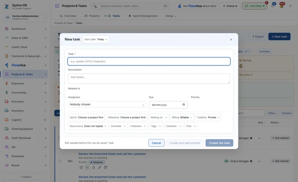 The New task form