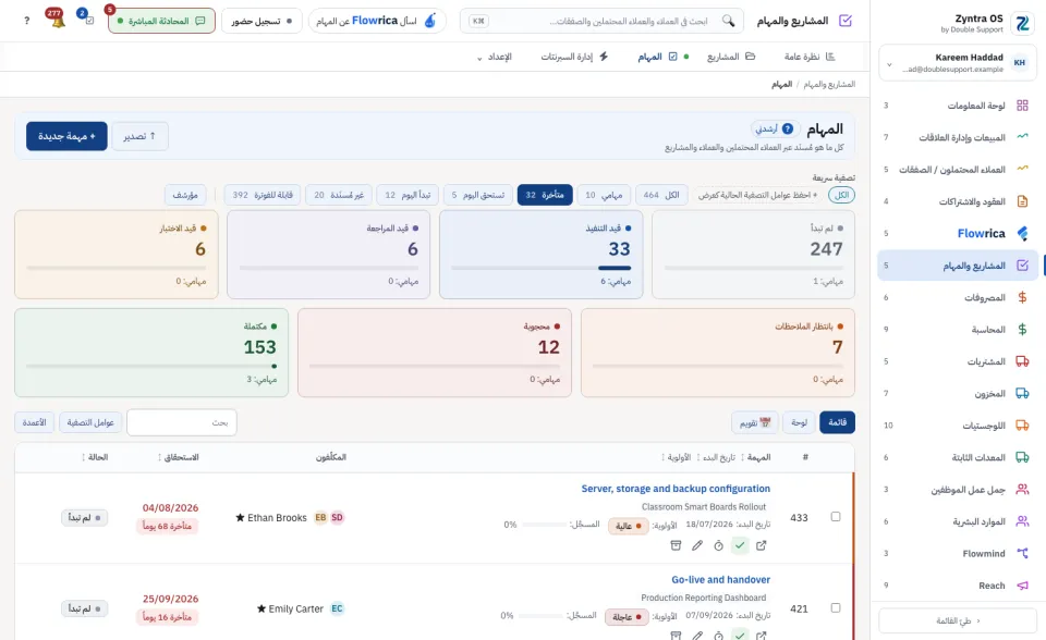 القائمة وهي تعرض المهام المتأخرة فقط