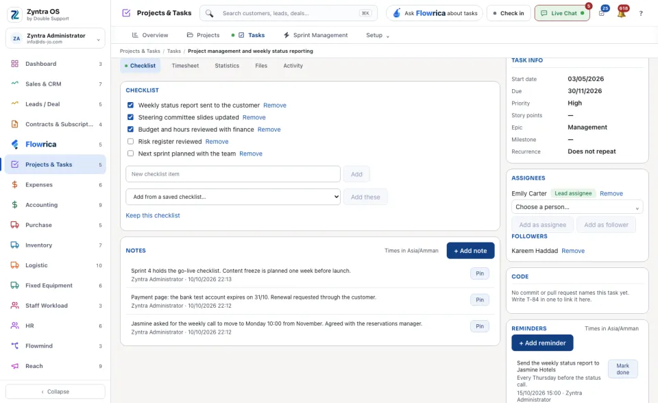 A task's page, Checklist tab