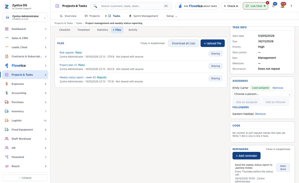 A task's page, Files tab