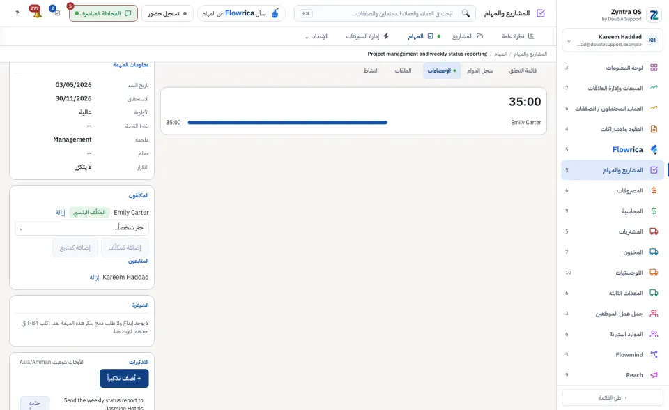 صفحة المهمة، تبويب الإحصاءات