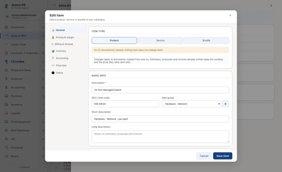The item form, General part