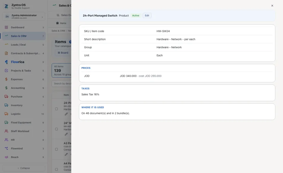 A product opened in its panel over the list