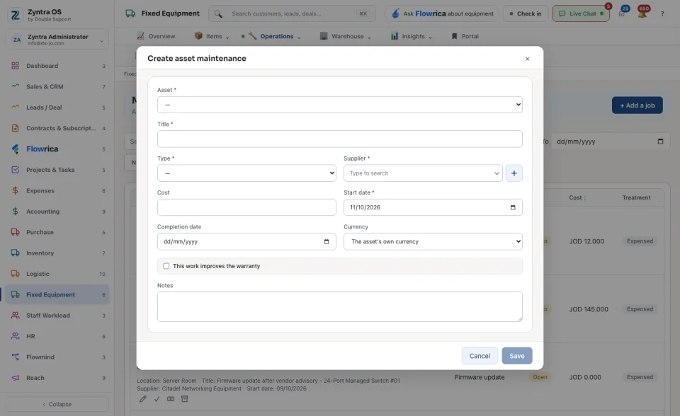 The maintenance job form