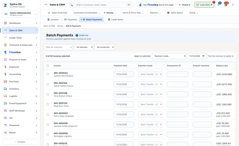 Batch Payments: every invoice that still owes money, ready to tick