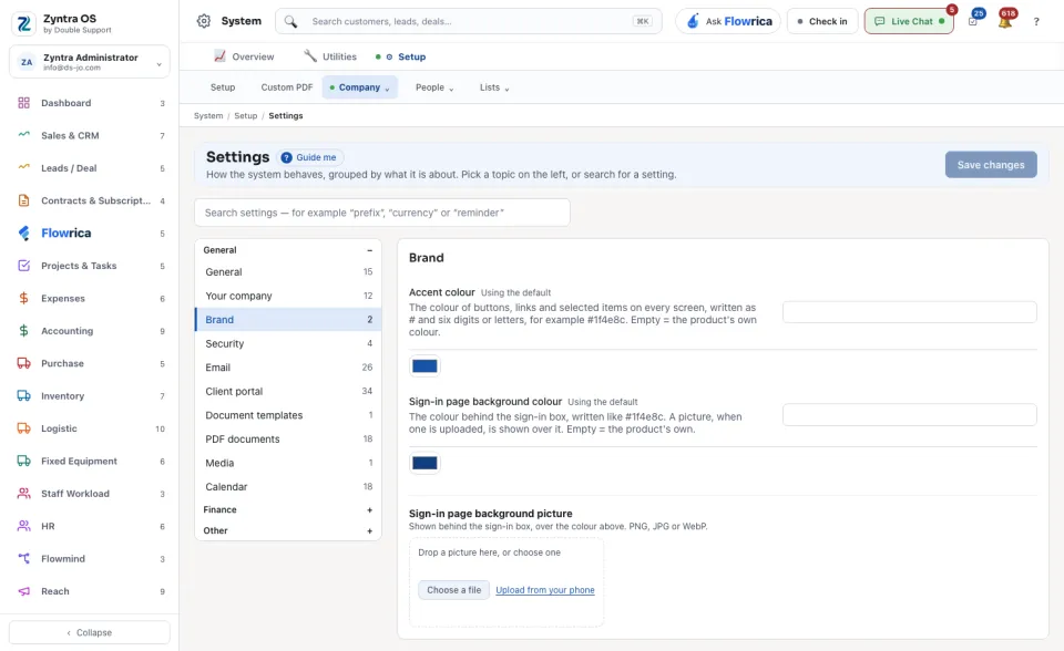 Settings, Brand: the accent colour and the sign-in page