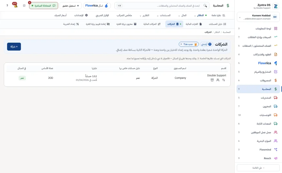شاشة الشركات: كل شركة مع دليلها وعملتها الأساسية