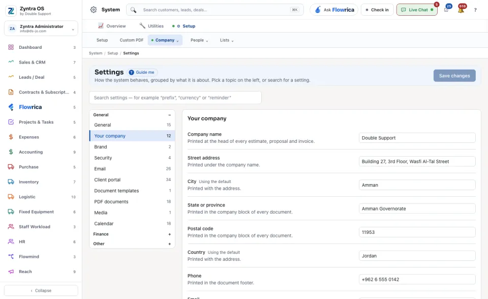 Settings, Your company: the system's own company block
