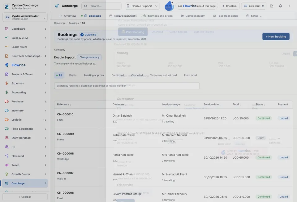 One booking: its services, passengers, payment and vendor bills