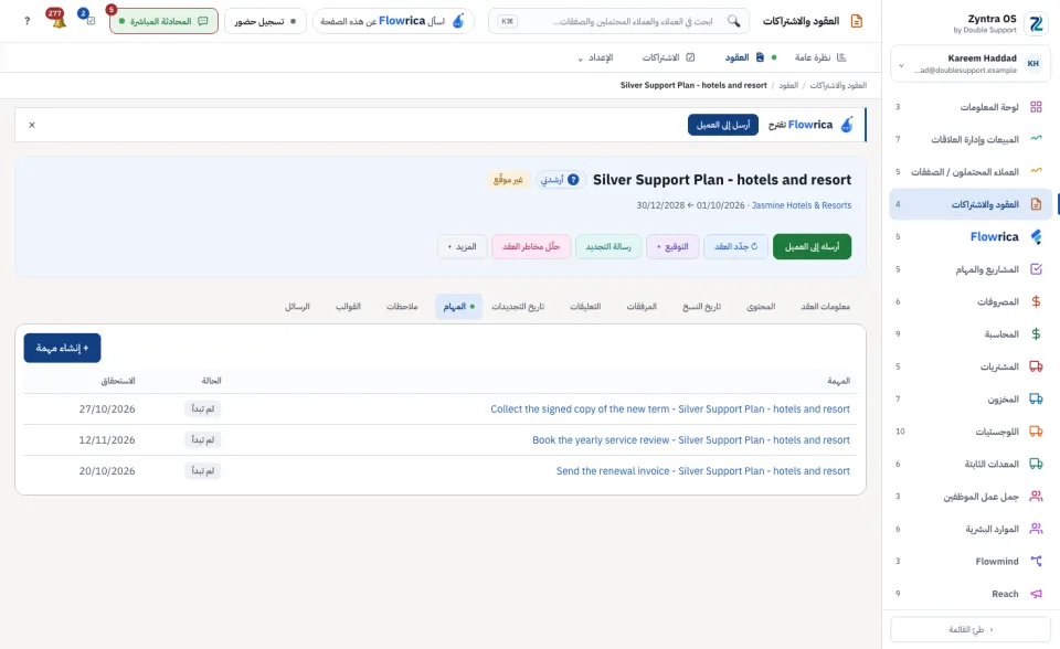 صفحة العقد، تبويب المهام