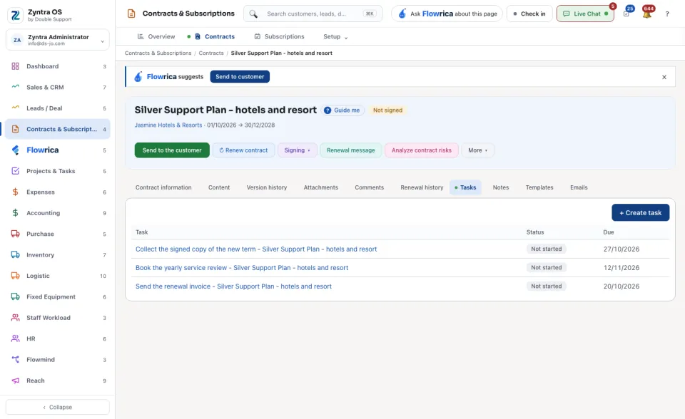 A contract's page, Tasks tab