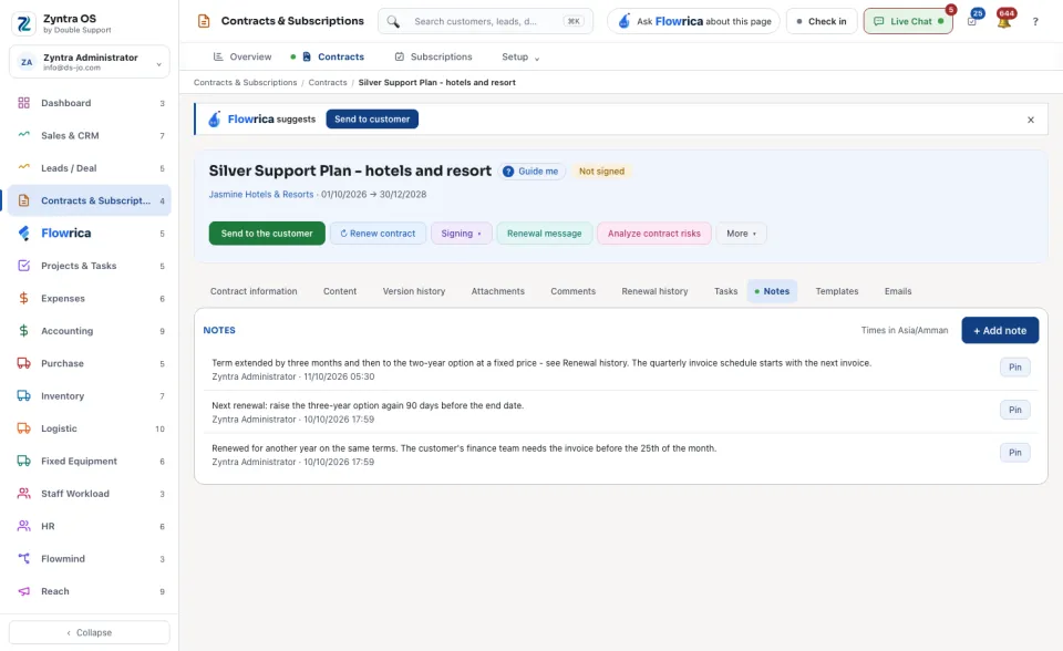 A contract's page, Notes tab