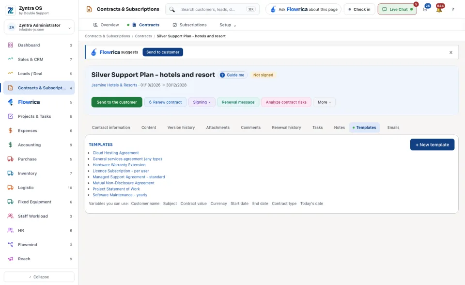 A contract's page, Templates tab