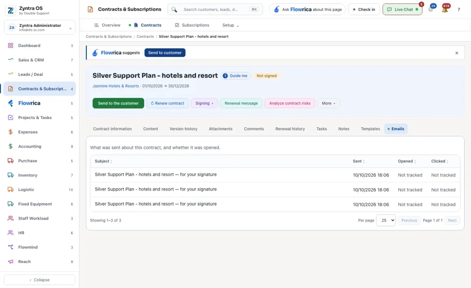 A contract's page, Emails tab