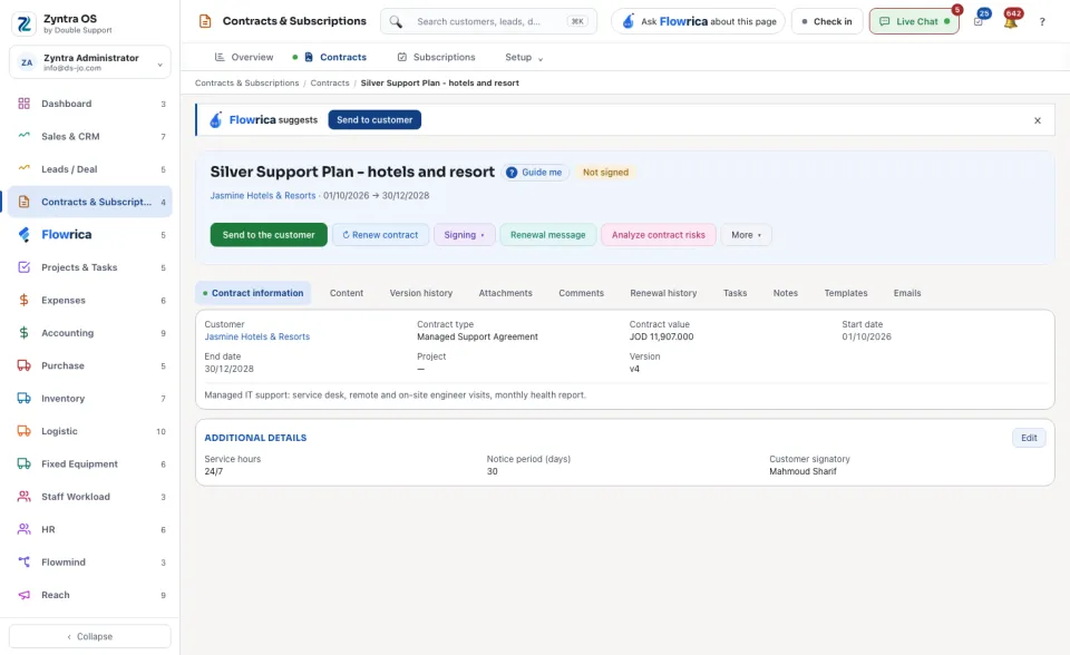 A contract's page, Contract information tab