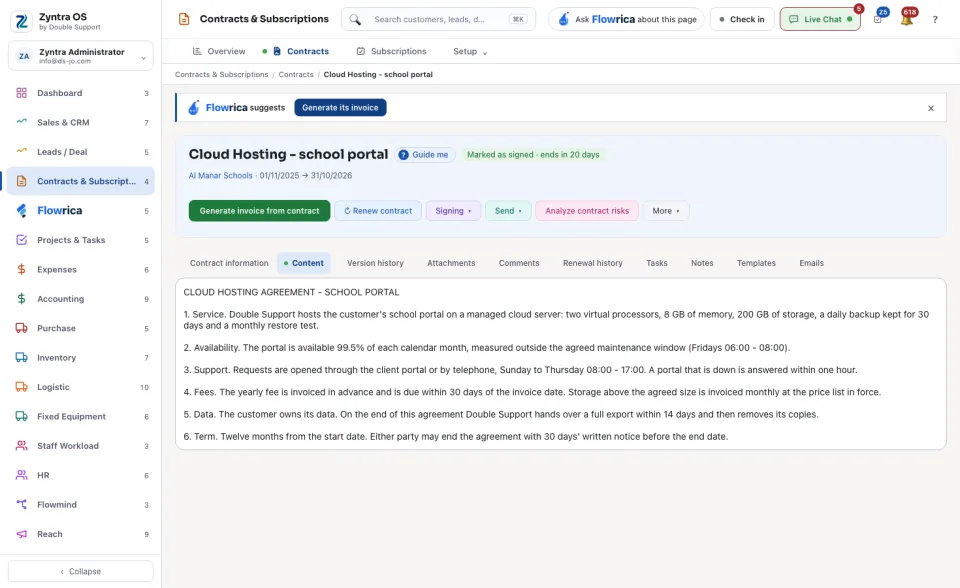 A contract's page, Content tab