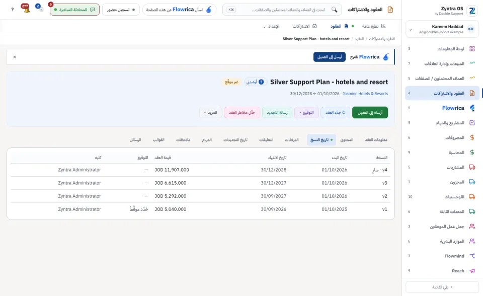 صفحة العقد، تبويب تاريخ النسخ