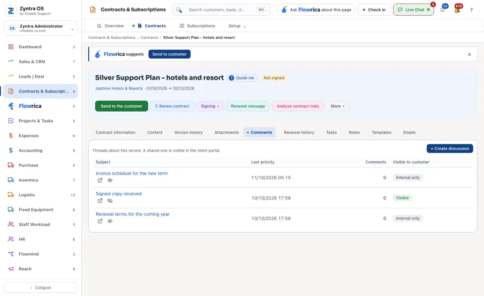 A contract's page, Comments tab