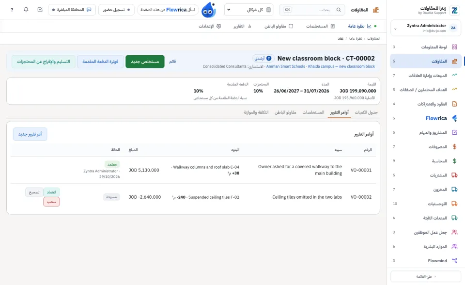 أوامر التغيير على العقد