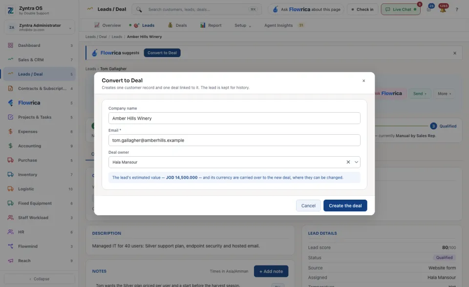 The Convert to Deal dialog