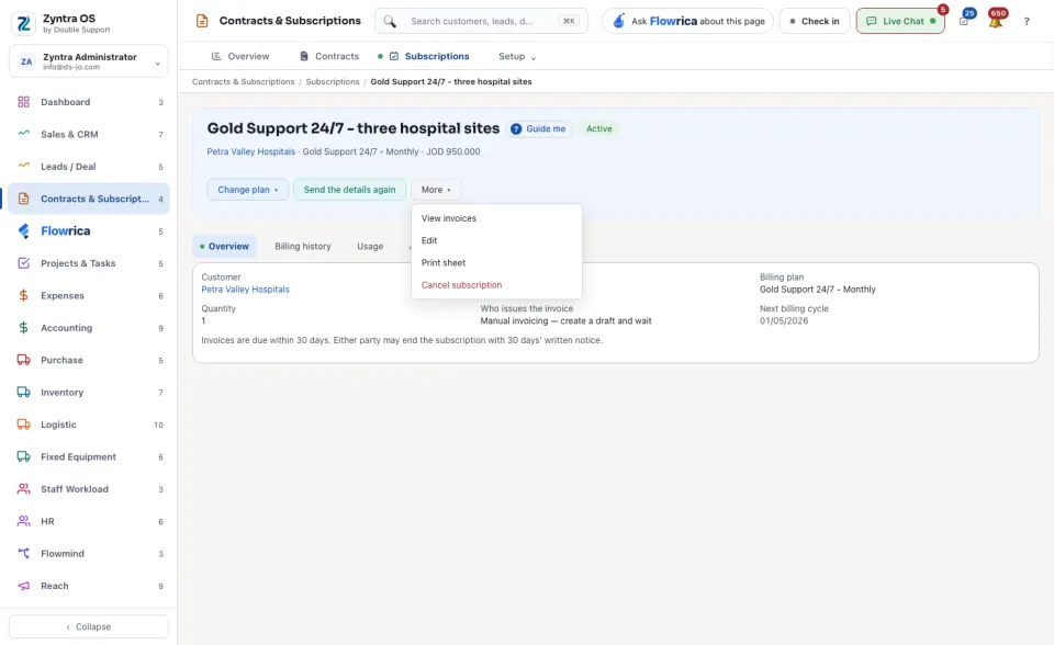 A subscription's page with the More menu open