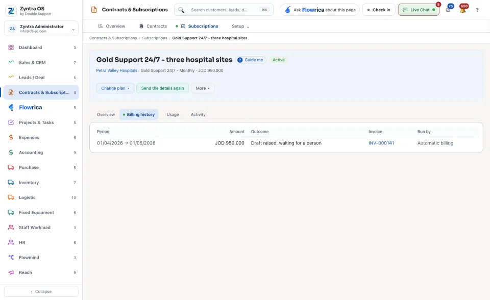 A subscription's page, Billing history tab