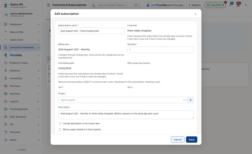 The Edit subscription form, where the coupon is added