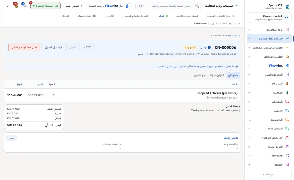 صفحة الإشعار الدائن، تبويب الإشعار الدائن