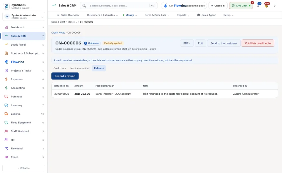 A credit note's page, Refunds tab