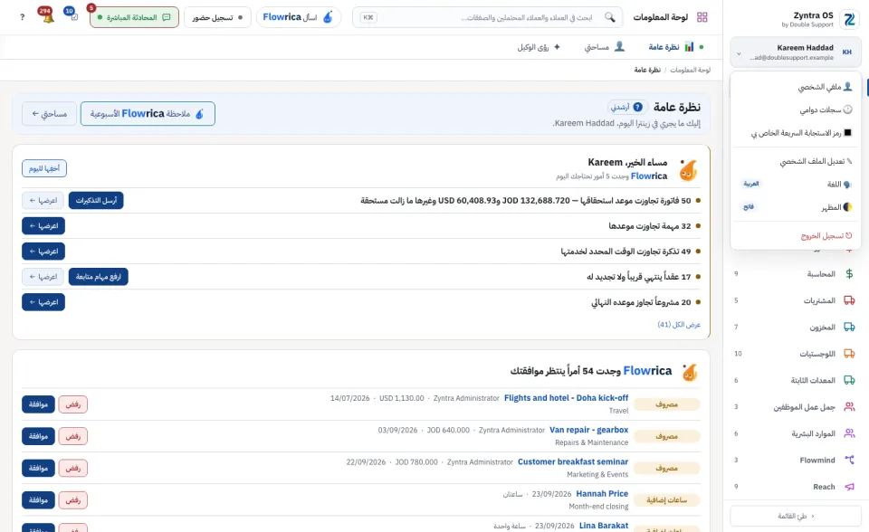 قائمة الحساب، تُفتح من اسمك