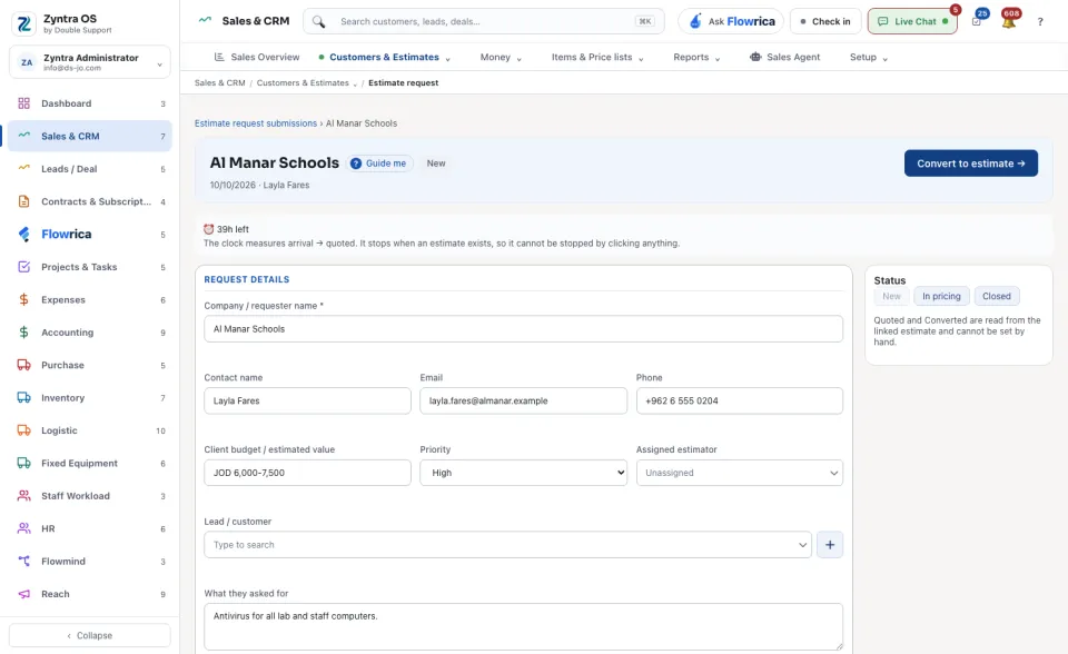 A request opened: what was asked for, its status and Convert to estimate