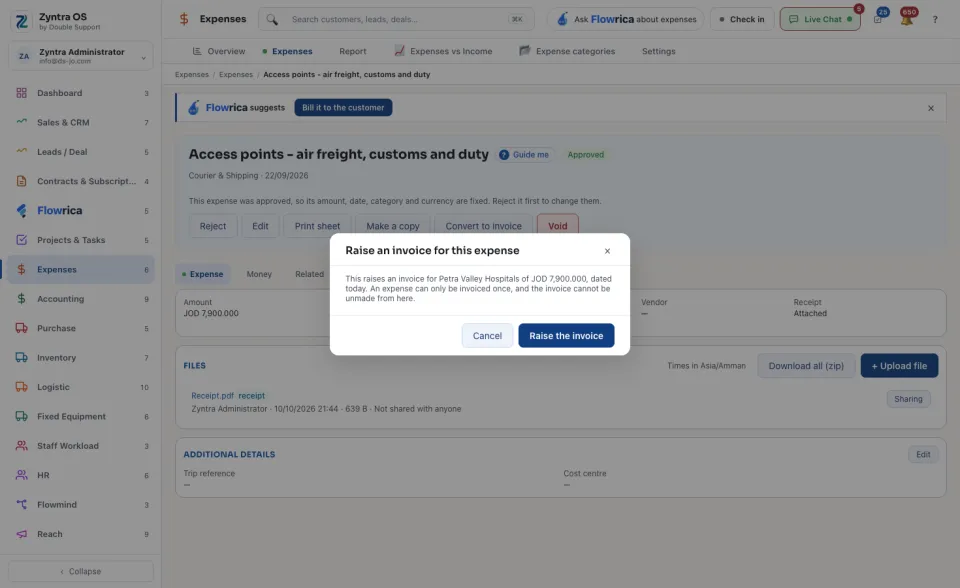 The dialog that raises an invoice for the expense