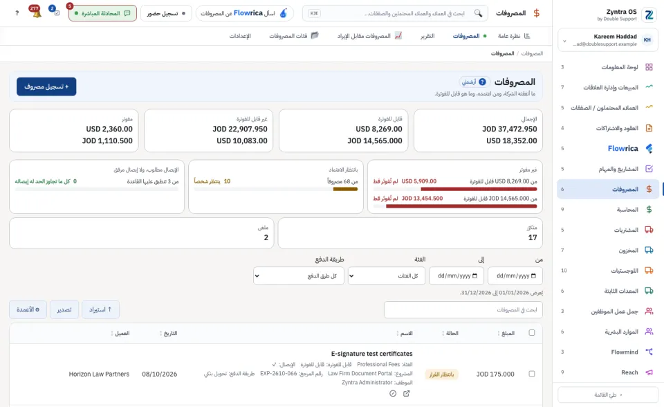 قائمة المصروفات مع بطاقاتها