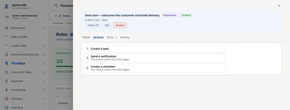 A rule's Actions tab: create a task, send a notification, create a reminder
