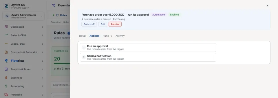 A rule on a purchase order over 5,000 JOD: Run an approval, then Send a notification
