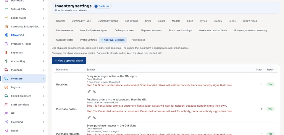 Approval Settings: purchase orders go to the accountant and then to the general manager