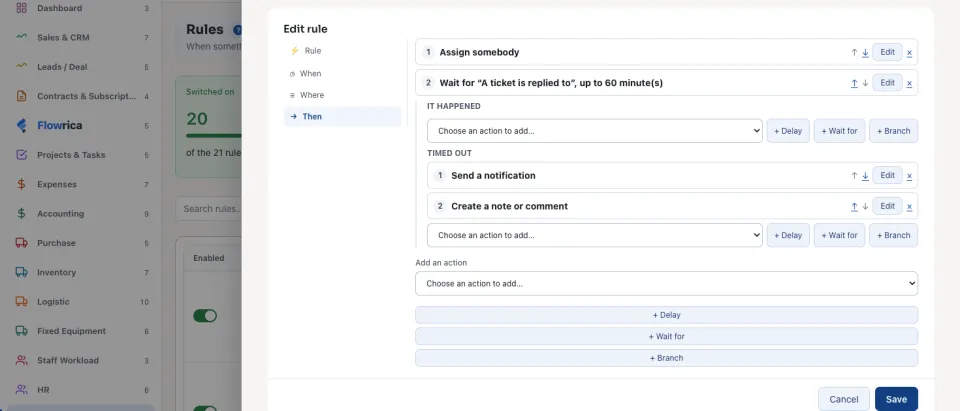 Then: assign the ticket, wait up to 60 minutes for a reply, and escalate when it times out