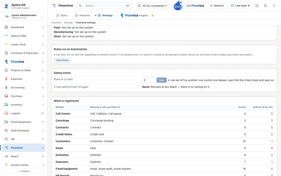Flowmind settings: what each module registers
