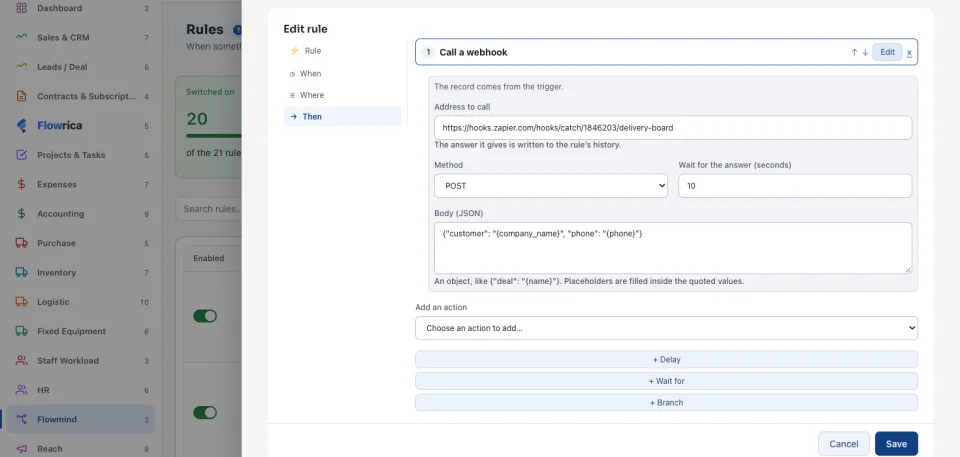 A webhook step: a new customer is sent to the delivery board