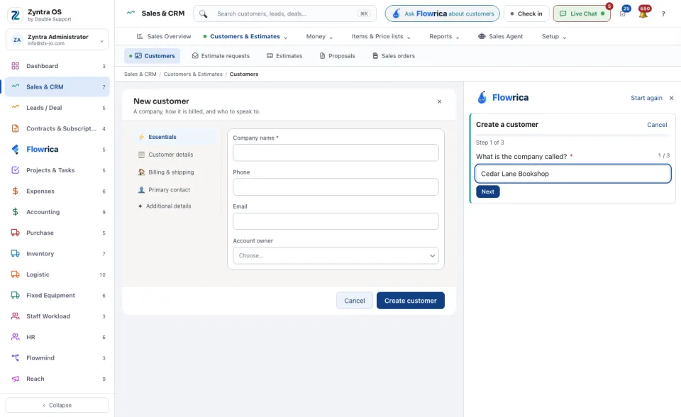 Flowrica asks her first question, with the New customer form open beside her